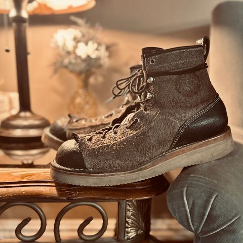 View photo of Frank's Boots Monkey Boot in Grey And Black Montana Bison