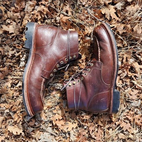 View photo of Grant Stone Brass Boot in Horween Crimson Chromexcel