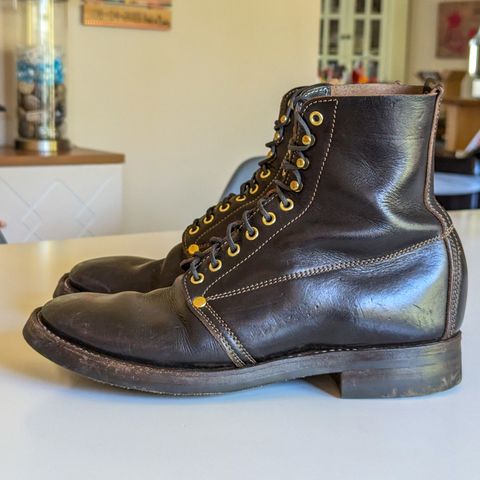 View photo of Unsung U 22-1 Slog Boot in Wickett & Craig Natural Veg Tan Overdyed Black