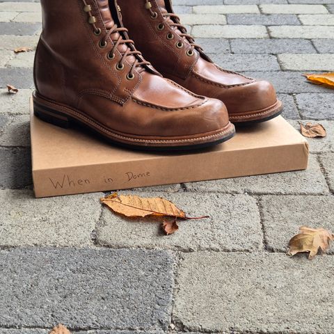 View photo of Grant Stone Brass Boot in Horween Dune Chromexcel