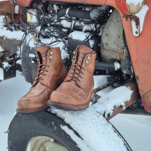 View photo of Grant Stone Brass Boot in Horween Dune Chromexcel