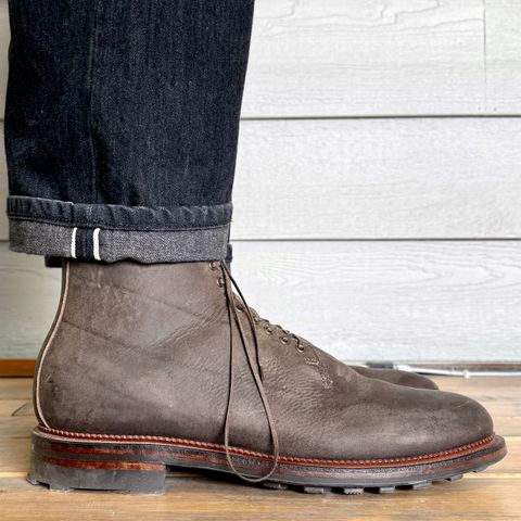 Viberg Wholecut Derby Boot in C.F. Stead Stone Waxed Kudu