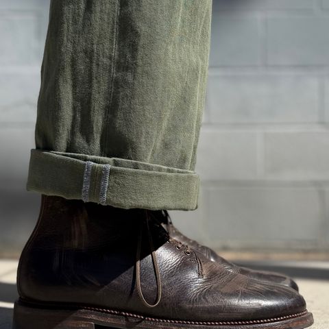 Viberg Wholecut Derby Boot in C.F. Stead Stone Waxed Kudu