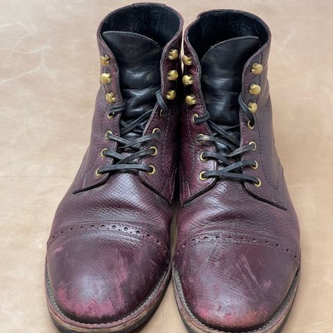 View photo of Blkbrd Shoemaker Luchador Service Boot in Horween Dark Burgundy Pioneer Reindeer