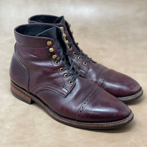 View photo of Blkbrd Shoemaker Luchador Service Boot in Horween Dark Burgundy Pioneer Reindeer