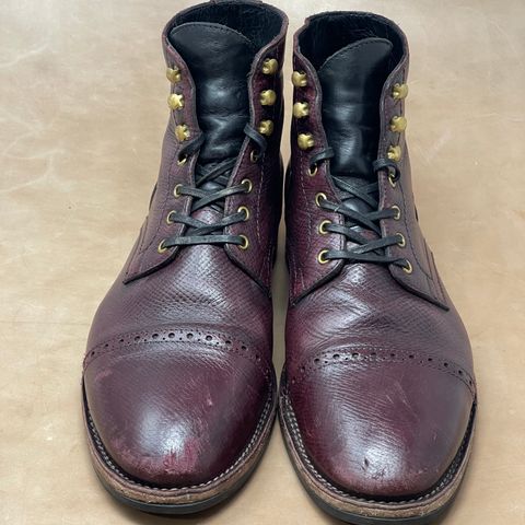 View photo of Blkbrd Shoemaker Luchador Service Boot in Horween Dark Burgundy Pioneer Reindeer