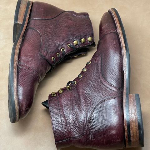 View photo of Blkbrd Shoemaker Luchador Service Boot in Horween Dark Burgundy Pioneer Reindeer