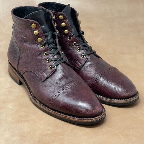 View photo of Blkbrd Shoemaker Luchador Service Boot in Horween Dark Burgundy Pioneer Reindeer