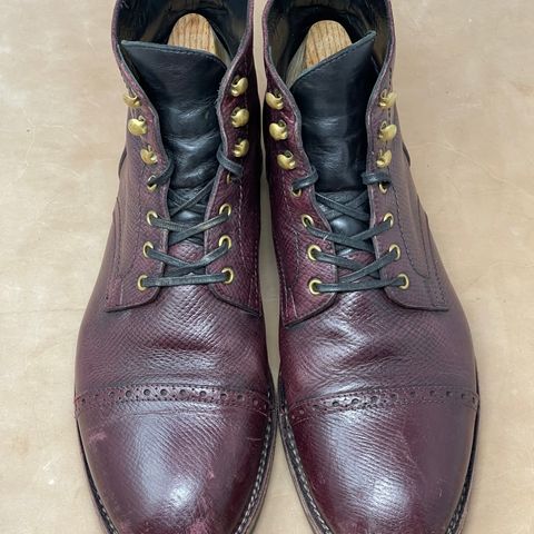 View photo of Blkbrd Shoemaker Luchador Service Boot in Horween Dark Burgundy Pioneer Reindeer