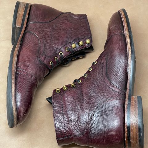 View photo of Blkbrd Shoemaker Luchador Service Boot in Horween Dark Burgundy Pioneer Reindeer