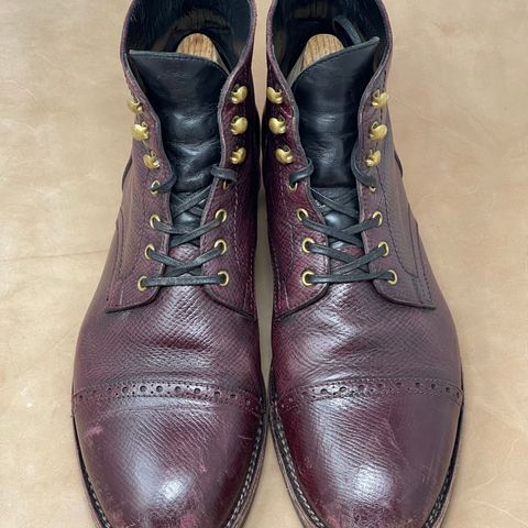 View photo of Blkbrd Shoemaker Luchador Service Boot in Horween Dark Burgundy Pioneer Reindeer