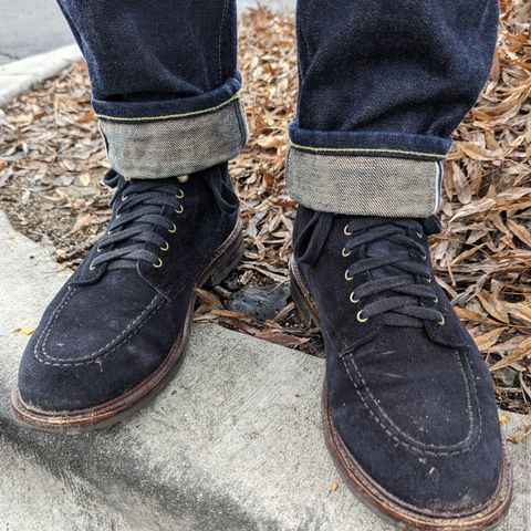 View photo of J.Crew Kenton Pacer Boots in C.F. Stead Navy Blue Janus Calf Suede