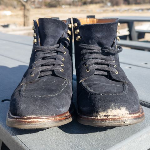 View photo of J.Crew Kenton Pacer Boots in C.F. Stead Navy Blue Janus Calf Suede