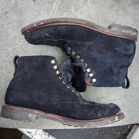 View photo of J.Crew Kenton Pacer Boots in C.F. Stead Navy Blue Janus Calf Suede