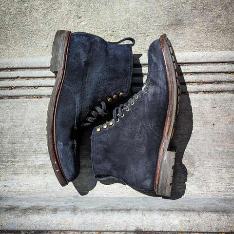 View photo of J.Crew Kenton Pacer Boots in C.F. Stead Navy Blue Janus Calf Suede