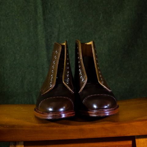 View photo of Meermin Derby Boot in Shinki Olive Shell Cordovan