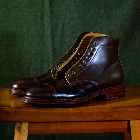 View photo of Meermin Derby Boot in Shinki Olive Shell Cordovan