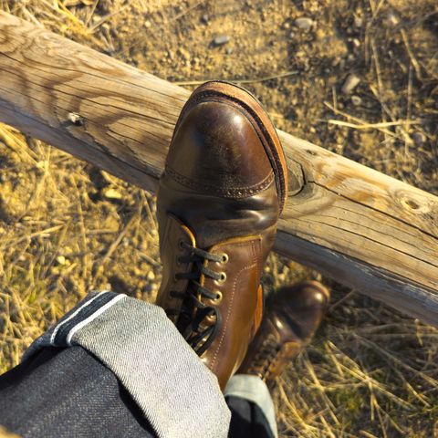 View photo of Meermin Derby Boot in Shinki Olive Shell Cordovan