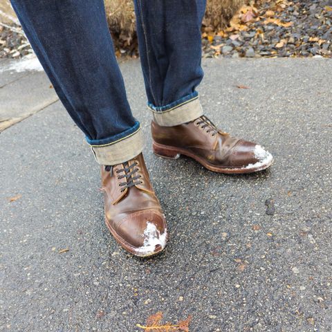 View photo of Meermin Derby Boot in Shinki Olive Shell Cordovan