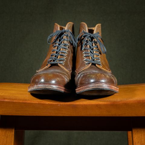 View photo of Meermin Derby Boot in Shinki Olive Shell Cordovan