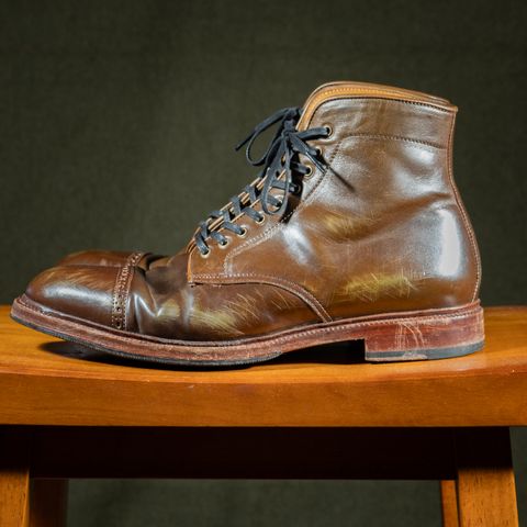 View photo of Meermin Derby Boot in Shinki Olive Shell Cordovan