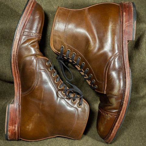 View photo of Meermin Derby Boot in Shinki Olive Shell Cordovan