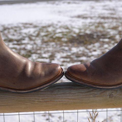 View photo of Viberg Chelsea in C.F. Stead Camel Hair Waxed Kudu