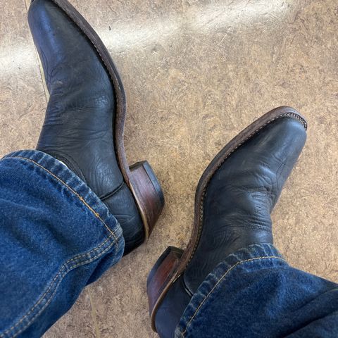 View photo of Boulet Boots Square Toe Cowboy Boot, Horseman Heel in Unknown Black Bison & Unknown White Calf