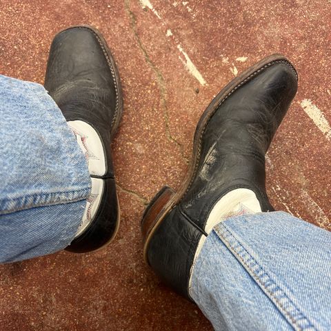 View photo of Boulet Boots Square Toe Cowboy Boot, Horseman Heel in Unknown Black Bison & Unknown White Calf