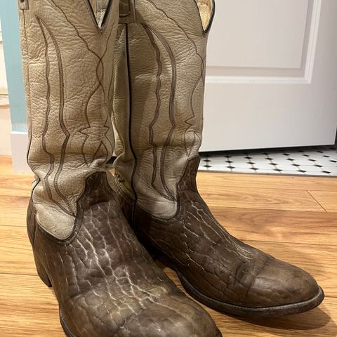 View photo of Coyote Joe Boots Cowboy Boot in Light Tan Bison White Overdye & White Calfskin