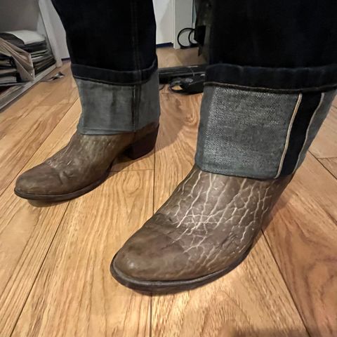 View photo of Coyote Joe Boots Cowboy Boot in Light Tan Bison White Overdye & White Calfskin