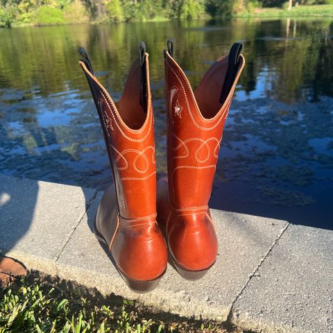 View photo of Clinch Cowboy Boots in Brown-Overdyed Horsebutt