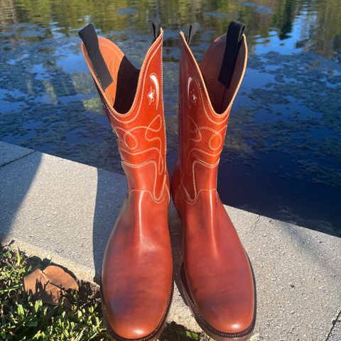 View photo of Clinch Cowboy Boots in Brown-Overdyed Horsebutt