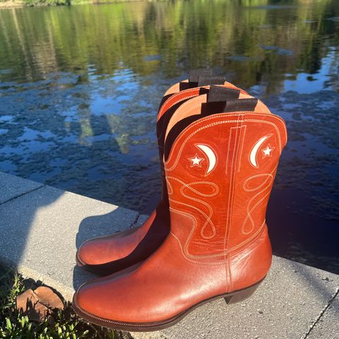 View photo of Clinch Cowboy Boots in Brown-Overdyed Horsebutt