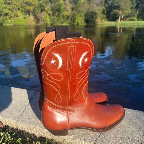 View photo of Clinch Cowboy Boots in Brown-Overdyed Horsebutt