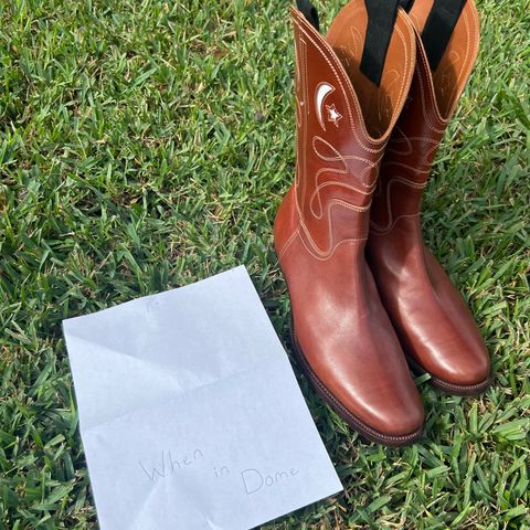 View photo of Clinch Cowboy Boots in Brown-Overdyed Horsebutt