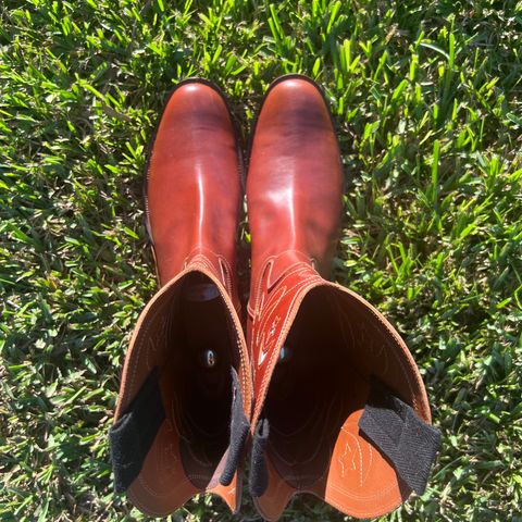 View photo of Clinch Cowboy Boots in Brown-Overdyed Horsebutt