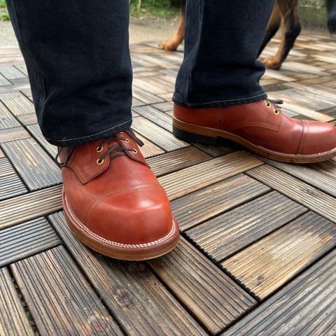 View photo of Iron Boots Pitman in Maryam Light Brown Washed Horsehide