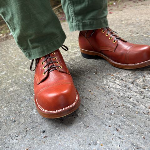 View photo of Iron Boots Pitman in Maryam Light Brown Washed Horsehide