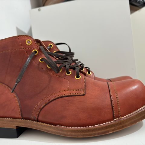 View photo of Iron Boots Pitman in Maryam Light Brown Washed Horsehide