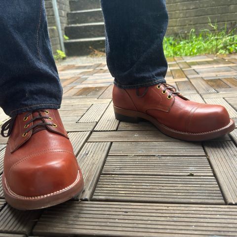 View photo of Iron Boots Pitman in Maryam Light Brown Washed Horsehide