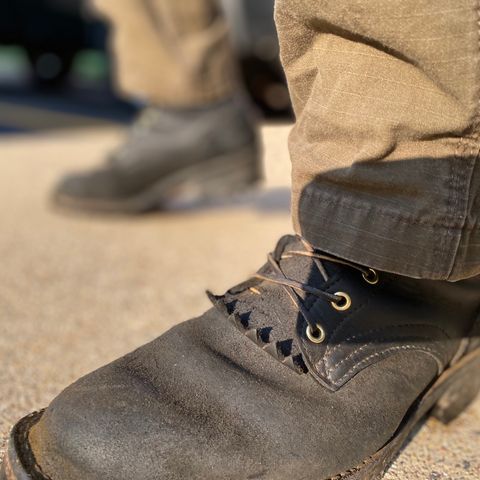 View photo of Frank's Boots The Patriot in Black Roughout Work Leather