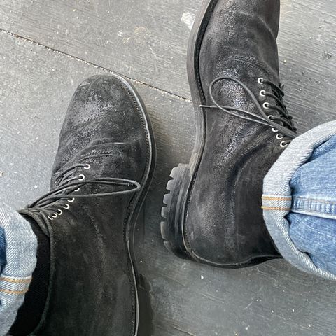 View photo of Viberg Wholecut Derby Boot in Camel Black Waxed Roughout