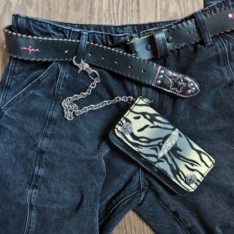 Black Lotus Leather Long Trucker Wallet in Stingray & Wickett & Craig Black English Bridle & Black Lizard