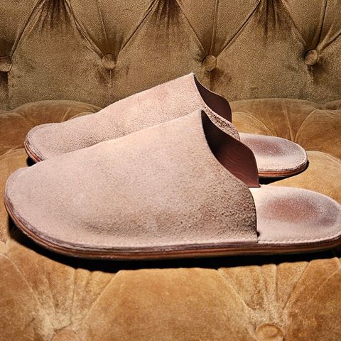 View photo of DELASSUS LEATHER HOUSE MULE in Horween Natural Chromexcel Roughout