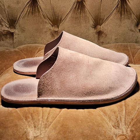 View photo of DELASSUS LEATHER HOUSE MULE in Horween Natural Chromexcel Roughout