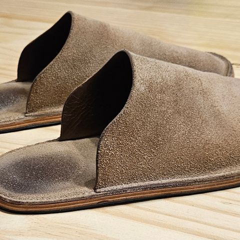 View photo of DELASSUS LEATHER HOUSE MULE in Horween Natural Chromexcel Roughout