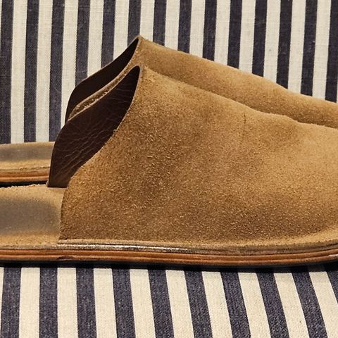 View photo of DELASSUS LEATHER HOUSE MULE in Horween Natural Chromexcel Roughout