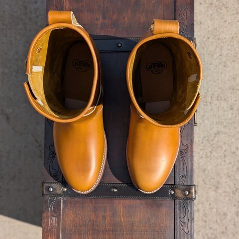 View photo of Bright Shoemakers Engineer Boot in Horween English Tan Cavalier (Chromexcel Variant)