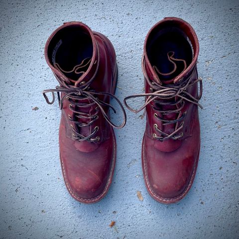 View photo of Nick's Boots MTO in Wickett & Craig Double Stuffed Crimson